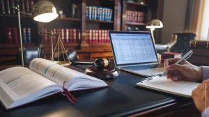 Close-up van een open juridisch boek, laptop met financieel spreadsheet, en een hand die aantekeningen maakt, in een professioneel kantoor.