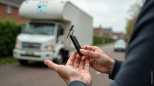 Handen houden sleutels vast met een verhuiswagen op de achtergrond in een Nederlandse woonstraat.