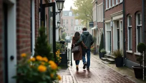 Een stel wandelt gearmd door een regenachtige Nederlandse straat, omringd door bakstenen huizen en bloemen.
